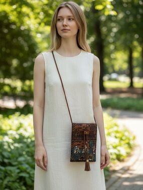 Handcrafted Brown Leather Crossbody Bag with Tassel